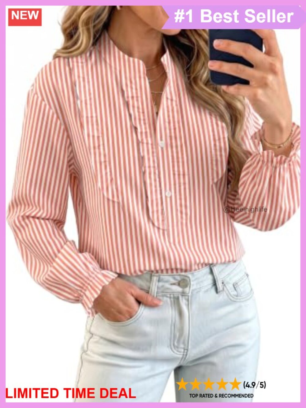 Plaid Striped Button Down Blouse Ruffle Long Sleeve Work Shirt